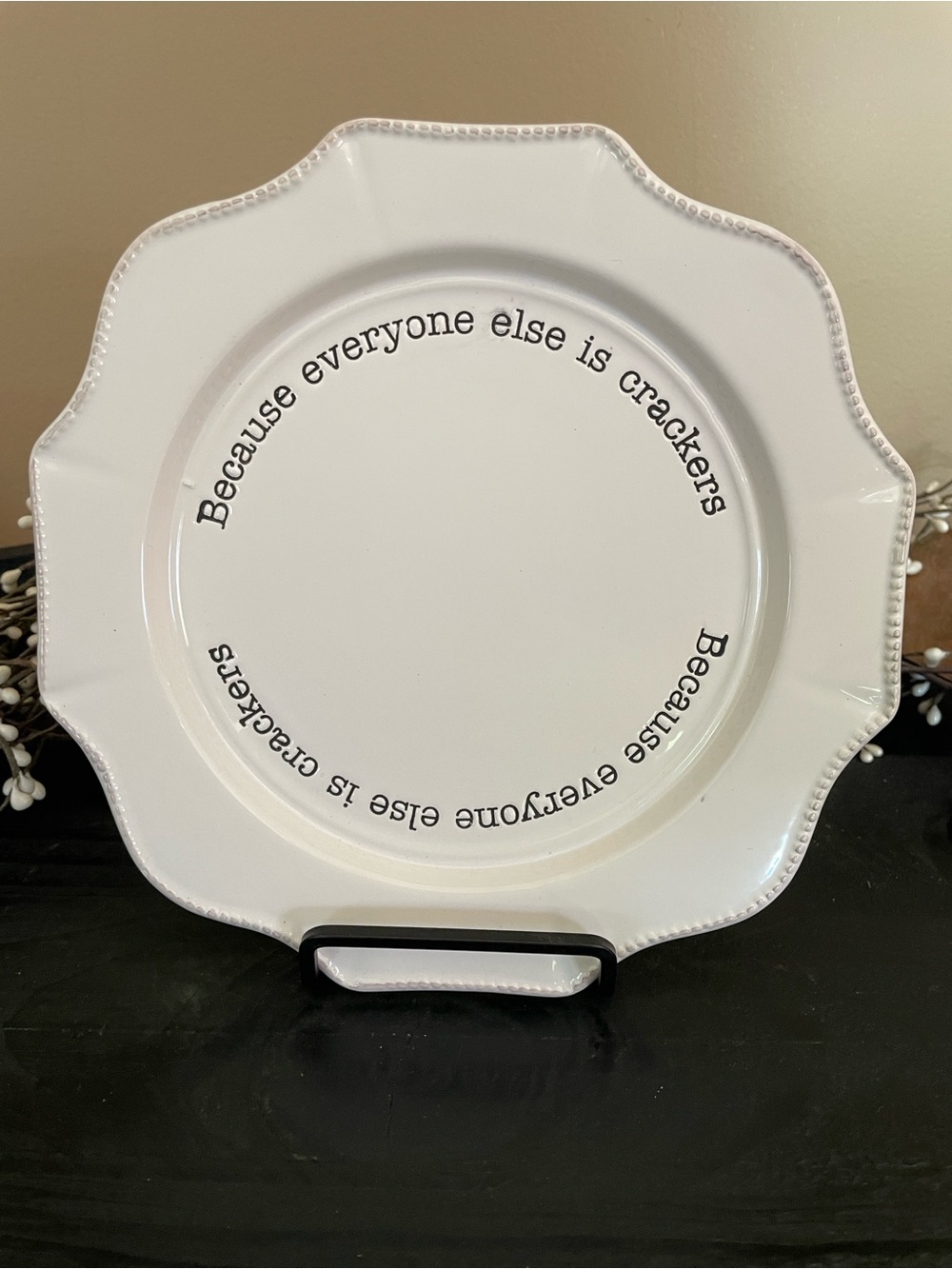 Mud Pie White Ceramic “Cracker” Scalloped Serving Plate with Black Script - 8.5”